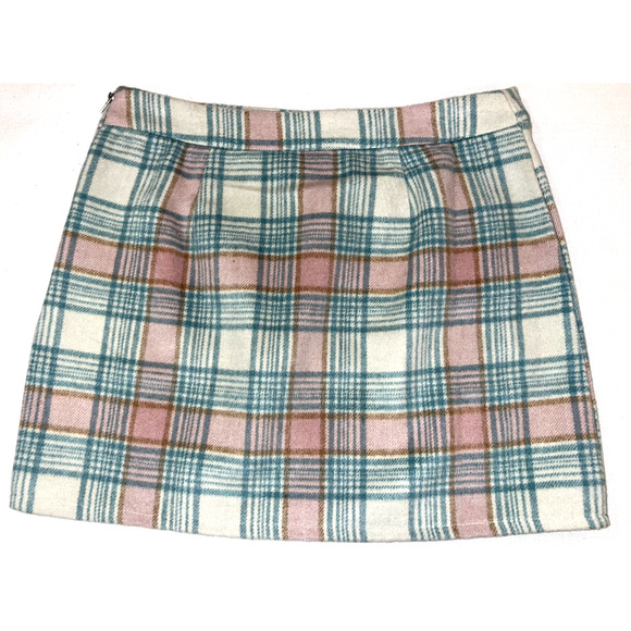 LeLis Pink Blue Cream Plaid Mini Skirt Side Zip Front Pockets Size Large NWT - Picture 4 of 9